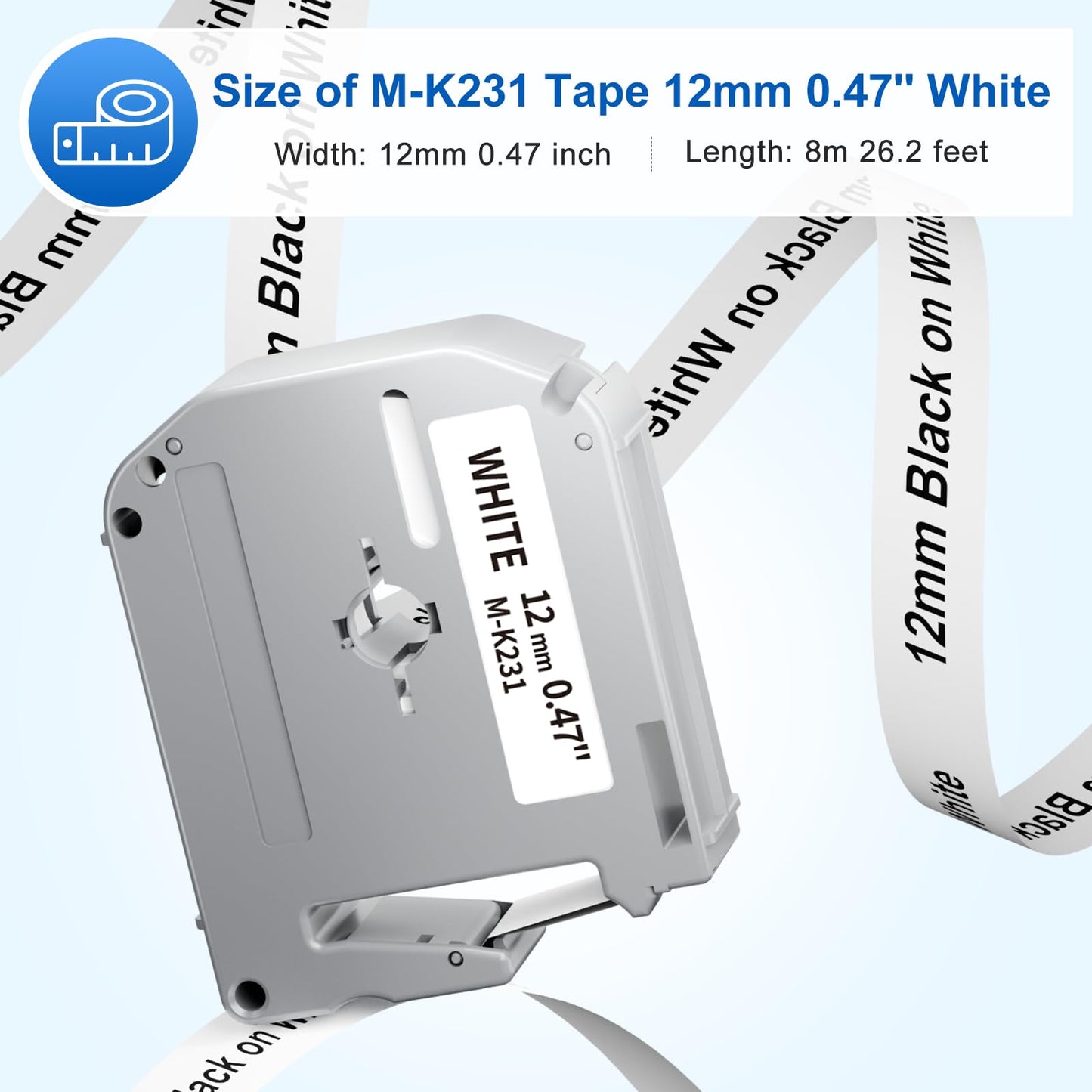 Labelife M-K231 Compatible Label Tape Replace for Brother P Touch M Tape M231 MK231 M-231 M-K231S 12mm 0.47 Inch for Brother PTouch PT-M95 PT-65 PT-80 PT-70 PT-45 Label Makers, Black on White, 4 Pack
