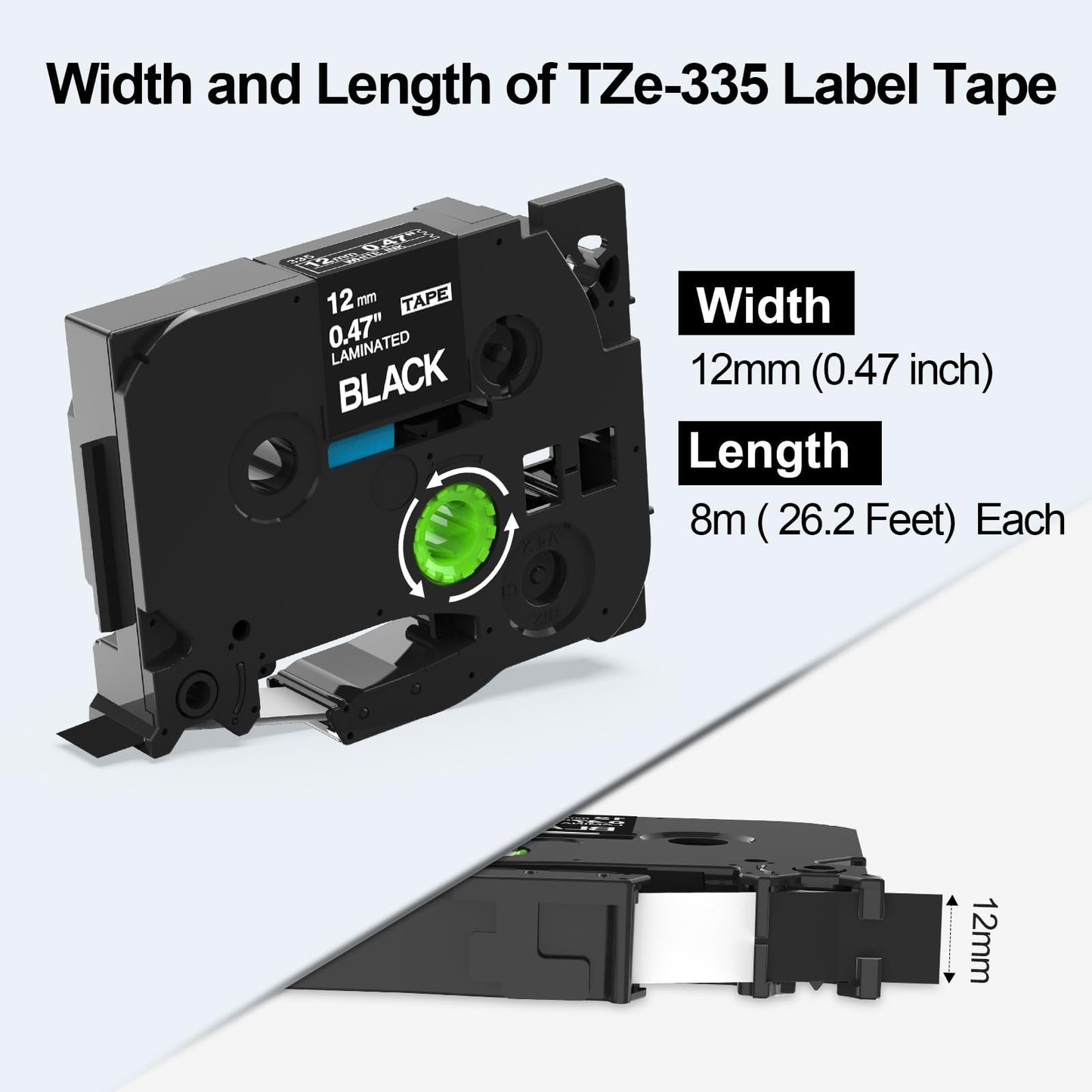 Labelife TZe-335 Label Tape Replacement for Brother P Touch Label Maker Tape White on Black TZe TZ Tape 12mm 0.47 Laminated Black Label Tape TZe335 for Brother PT-D220 PT-D210 PT-H110, 5-Pack
