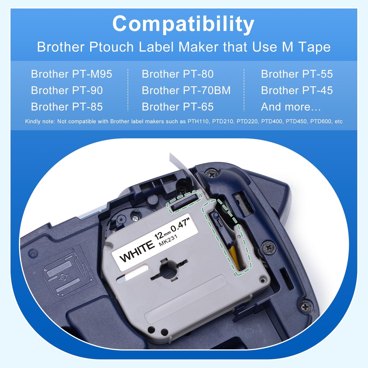 Labelife M-K231 Compatible Label Tape Replace for Brother P Touch M Tape M231 MK231 M-231 M-K231S 12mm 0.47 Inch for Brother PTouch PT-M95 PT-65 PT-80 PT-70 PT-45 Label Makers, Black on White, 4 Pack