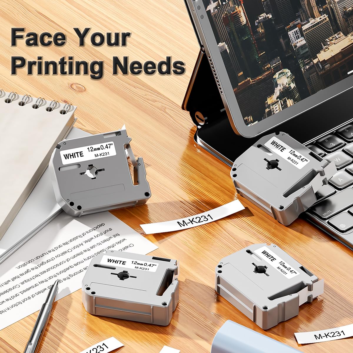 Labelife M-K231 Compatible Label Tape Replace for Brother P Touch M Tape M231 MK231 M-231 M-K231S 12mm 0.47 Inch for Brother PTouch PT-M95 PT-65 PT-80 PT-70 PT-45 Label Makers, Black on White, 4 Pack
