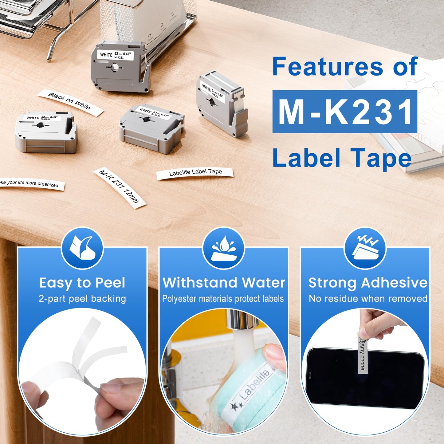 Labelife M-K231 Compatible Label Tape Replace for Brother P Touch M Tape M231 MK231 M-231 M-K231S 12mm 0.47 Inch for Brother PTouch PT-M95 PT-65 PT-80 PT-70 PT-45 Label Makers, Black on White, 4 Pack