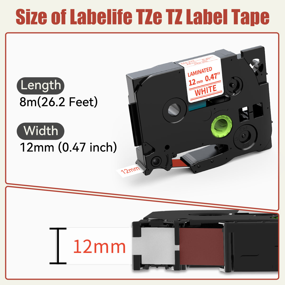 Labelife TZe-232 Replace for Brother P Touch Label Tape Red on White TZe232 TZe TZ Tape 12mm 0.47 1/2 Laminated Work for Brother PT D210 H110 D600 1230PC Label Maker, 4 Pack