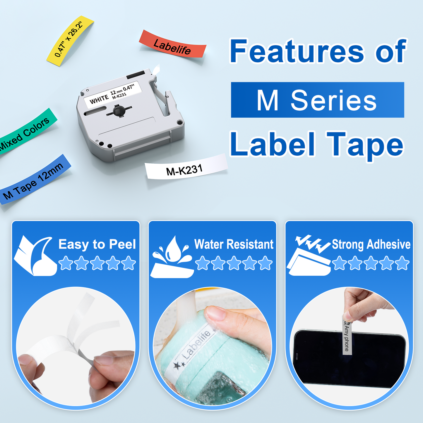 Replace for Brother M Tape P Touch 12mm 0.47 1/2, M-K231 M-K131 MK431 MK531 MK631 MK731 Compatible with Brother PT-M95 PT-65 PT-90 PT-80 PT-70bm PT-45 Label Maker Refill, 6 Color M Series Label Tape