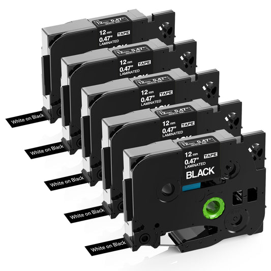 Labelife Black Label Tape TZe-335 Replacement for Brother P Touch Label Maker Tape White on Black TZe TZ Tape 12mm 0.47 Laminated Black Label Tape TZe335 for Brother PT-D220 PT-D210 PT-H110, 5-Pack