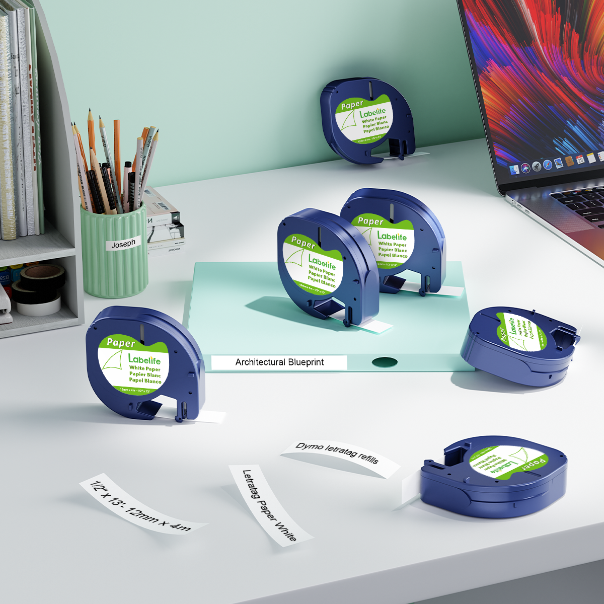 Replace for DYMO Label Maker Refills LetraTag White Paper 91330 10697 LT Refill Tape for DYMO Letra Tag LT 100H LT-100T Plus 200B QX50 Labeler, 12mm x 4m 1/2'' x 13', 6-Pack