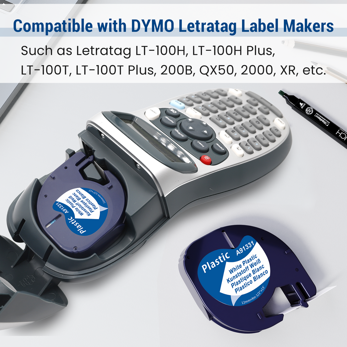 Labelife Label Maker Refills Replace for DYMO LetraTag Refills White Plastic 1/2" x 13' 12mm x 4m 91331 LT Label Tape Refill Use for Dymo Letra Tag 200B LT-100H LT-100T Plus QX50 2000,6-Pack