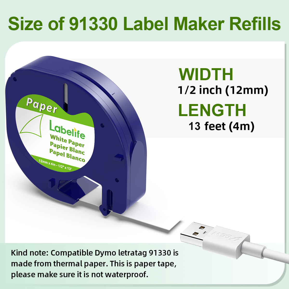 Labelife Paper White Tape Replace for DYMO LetraTag Refills 12mm x 4m 1/2'' x 13', Compatible with DYMO Label Maker Refills 91330 10697 LT Label Tape for Letra Tag LT-100H LT-100T 200B QX50, 5-Pack