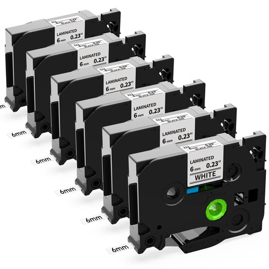 Labelife 6-Pack TZe-211 6mm Label Tape Replacement for Brother P Touch TZe TZ Tape 6mm 0.23 Laminated White Label Tape TZe211 TZ-211 for Brother Label Maker PT-D210 PT-D220 PT-H110 PT-D400, 1/4 inch