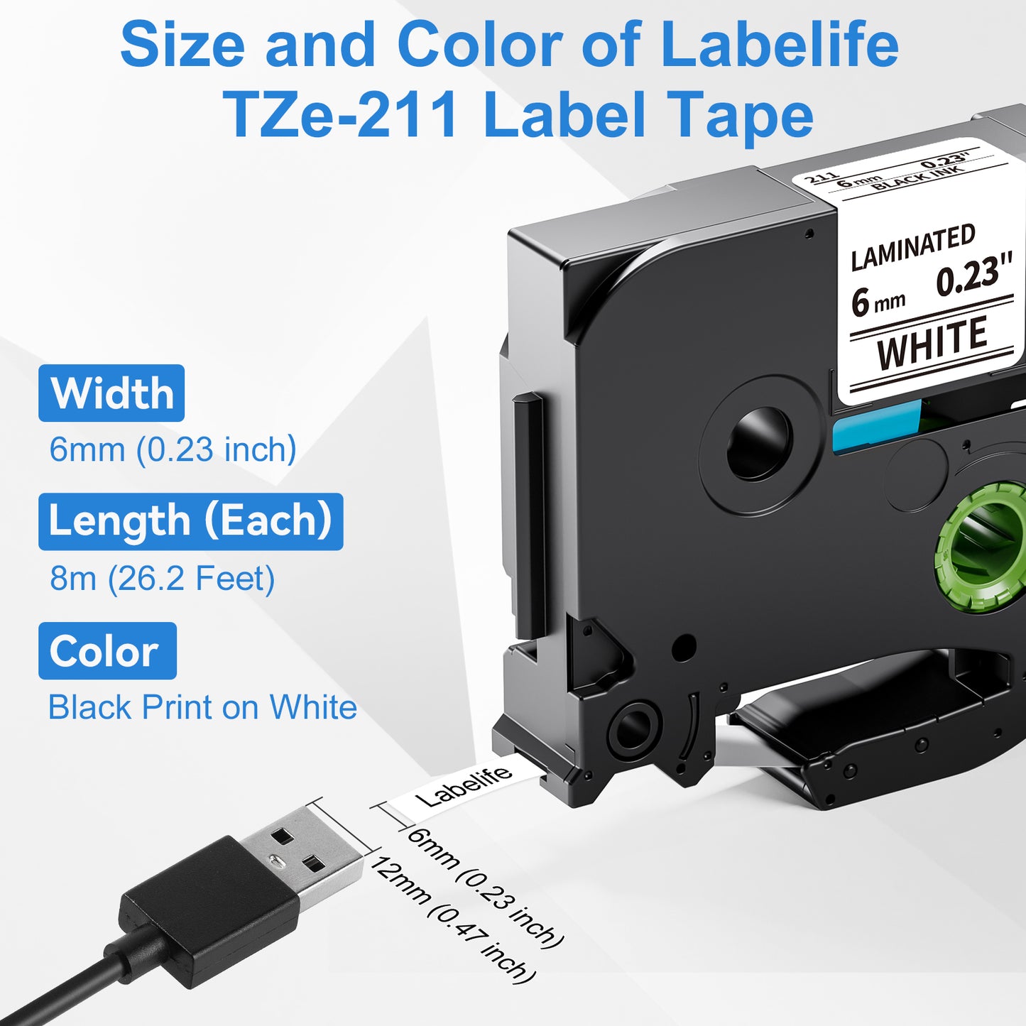 Labelife 6-Pack TZe-211 6mm Label Tape Replacement for Brother P Touch TZe TZ Tape 6mm 0.23 Laminated White Label Tape TZe211 TZ-211 for Brother Label Maker PT-D210 PT-D220 PT-H110 PT-D400, 1/4 inch