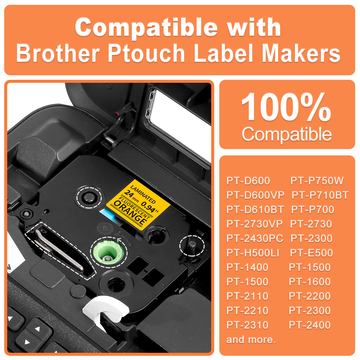24mm Label Tape Orange Replace for Brother P Touch TZe TZ Tape 24mm 0.94'' TZe-B51 TZB51 Laminated Tape 1'' for Ptouch PTD600 PTD400AD PT1880 Label Makers, 4-Pack Black on Orange
