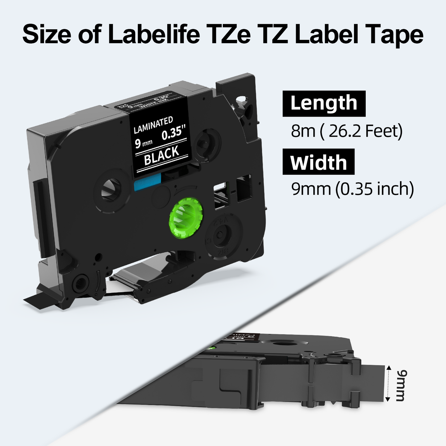 Labelife 9mm Label Tape White on Black Replace for Brother TZe TZ Tape 9mm 0.35" Laminated TZe-325 TZe325 Label Maker Tape 3/8'' for P Touch PT-D210 PT-D220 PT-D200 PT-H110 PT-D400 PT-D610BT