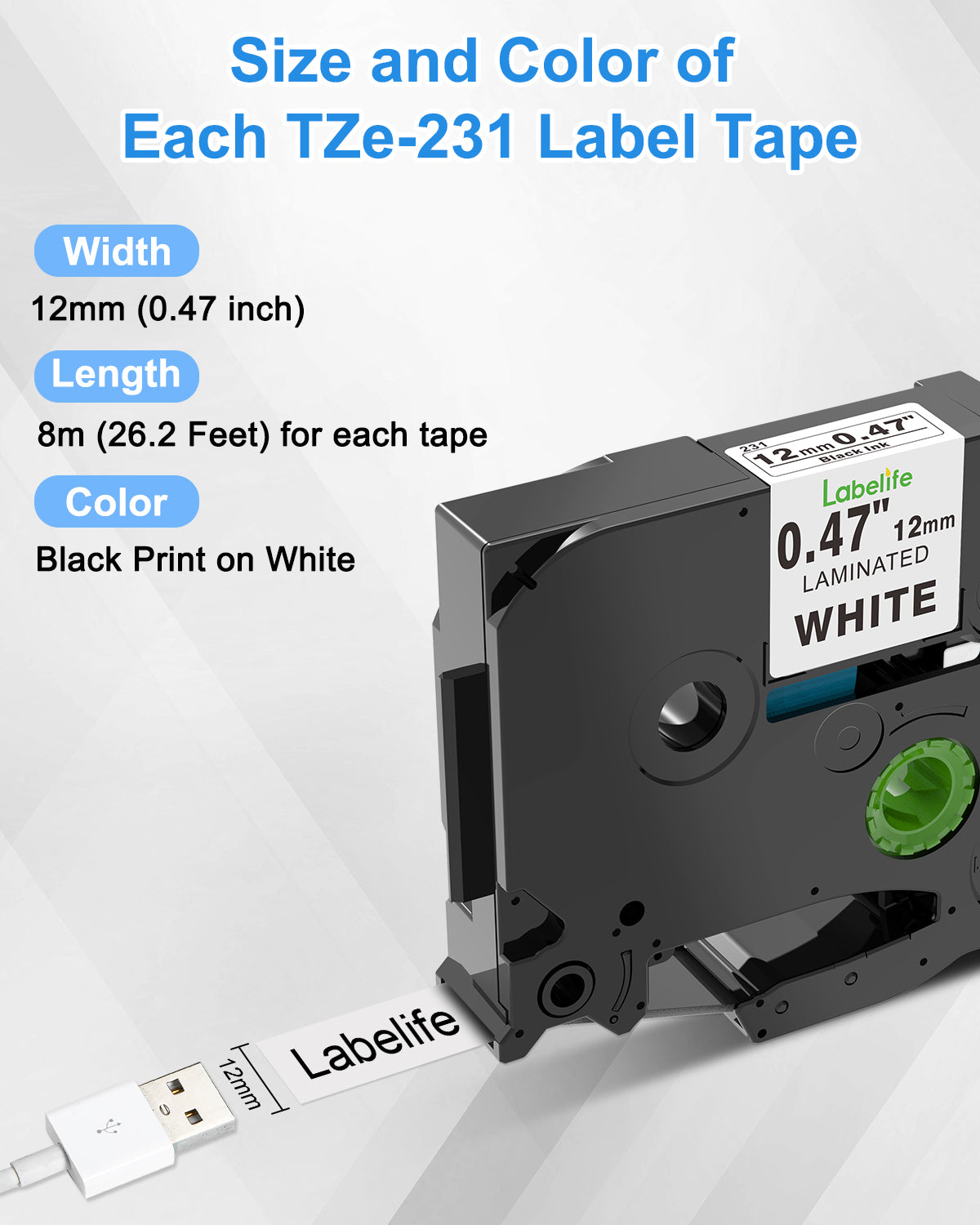 Labelife 6-Pack P Touch Label Tape TZe-231 Replacement for Brother TZe TZ Tape 12mm 0.47 Laminated White Label Maker Tape TZe231 TZ231 for Brother P Touch Label Maker PT-D210 PT-D220 PT-H110 PT-D600