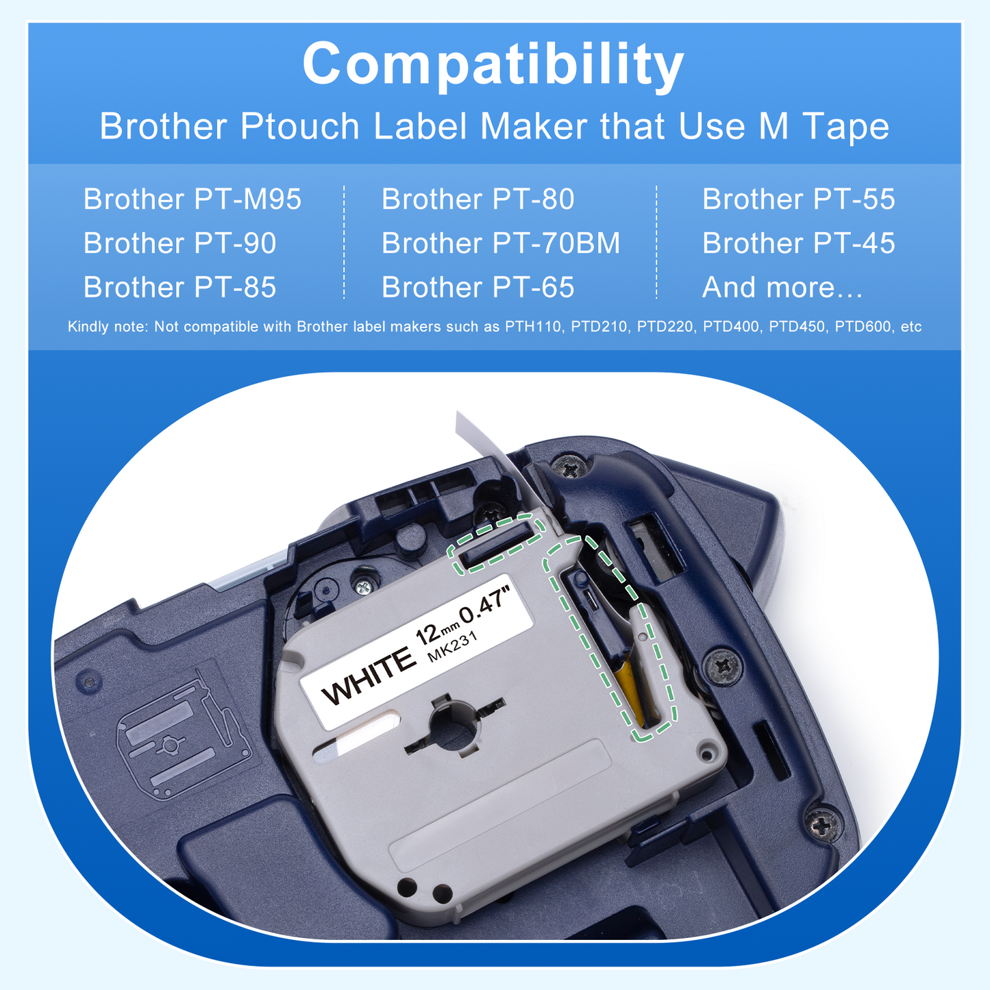 Labelife M-K231 Compatible Label Tape Replacement for Brother PTouch M Tape M231 MK231 M-231 M-K231S 12mm 0.47 Inch, for Brother PTouch PT-M95 PT-85 PT-75 PT-65 Label Makers, Black on White, 6 Pack