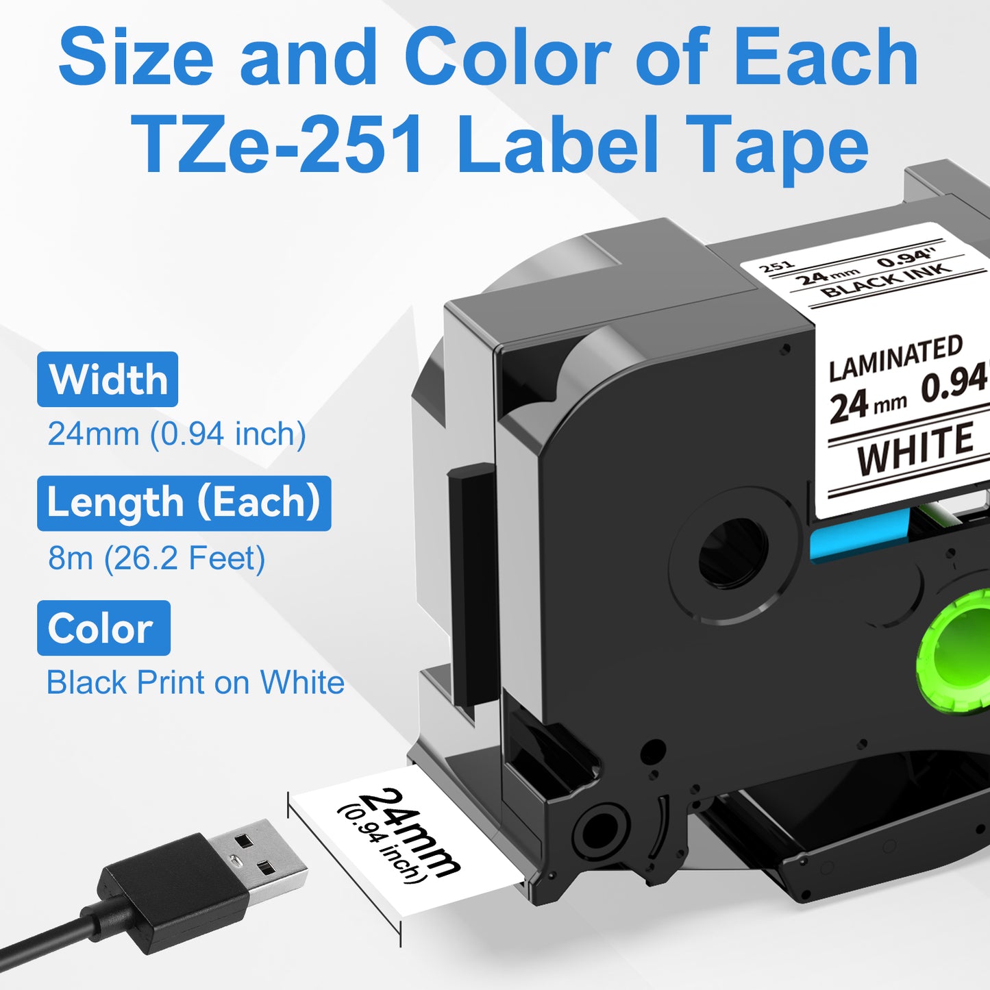 Labelife 8 Pack 24mm Label Tape TZe-251 Replacement for Brother P touch TZe TZ Tape 24mm 0.94 Laminated White TZe251 for Brother PTouch PT-D600 PT-D610BT PT-P710BT PT-P750W PT-P700 Label Maker, 1 Inch