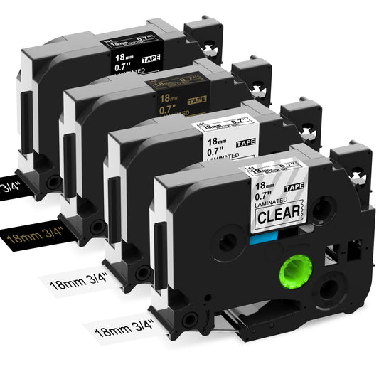 Labelife 18mm Label Tape Replace for Brother P Touch TZe TZ Tape 18mm 0.7 Laminated White/Clear/Black for Brother Ptouch PTD600 PTD400AD 1880 PT-P710BT Label Maker Tape 18mm 3/4'', 4-Pack