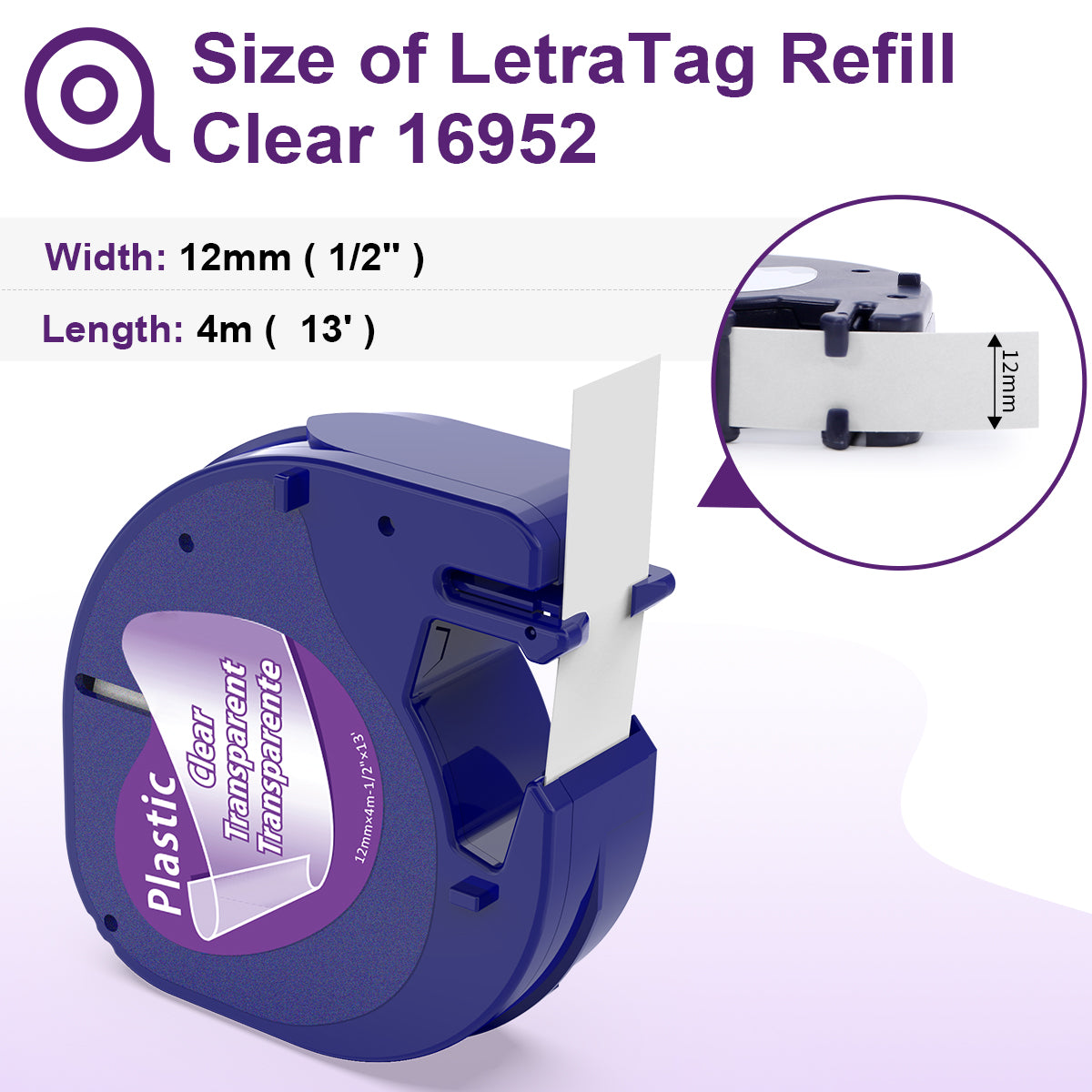 Replace for DYMO LetraTag Refills Clear Plastic 1/2 x 13 12mm x 4m Compatible with Dymo Label Maker Refills 16952 Transparent Label Tape Refill Use for Letra Tag LT-100H 100T Plus 200B QX50, 6-Pack