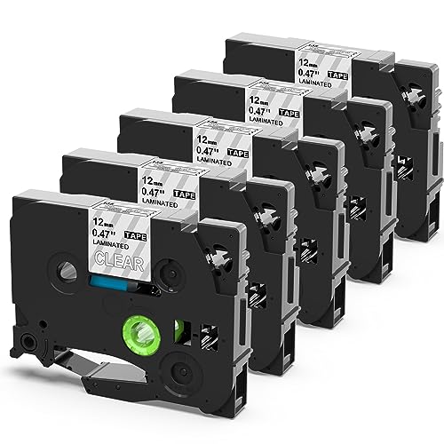 Compatible with Brother P Touch TZe White on Clear TZ Tape 12 mm 0.47 Laminated Tape TZe-135 TZ-135 Label Tape for Brother Ptouch PTD210 PTD220 PTH110 PTD600 PTD400AD PT1830 Label Maker, 5-Pack