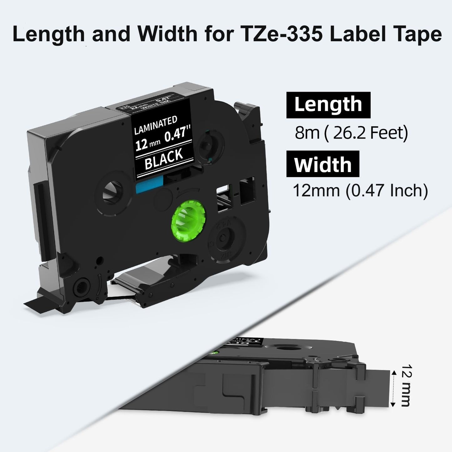 Labelife TZe-335 Label Tape Replacement for Brother P Touch Label Tape White on Black TZe TZ Tape 12mm 0.47 Laminated Black Label Maker Tape TZe335 for Brother PT-D210 PT-D220 PT-H110 Labeler, 4-Pack