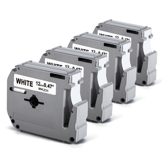 Labelife M-K231 Compatible Label Tape Replace for Brother P Touch M Tape M231 MK231 M-231 M-K231S 12mm 0.47 Inch for Brother PTouch PT-M95 PT-65 PT-80 PT-70 PT-45 Label Makers, Black on White, 4 Pack