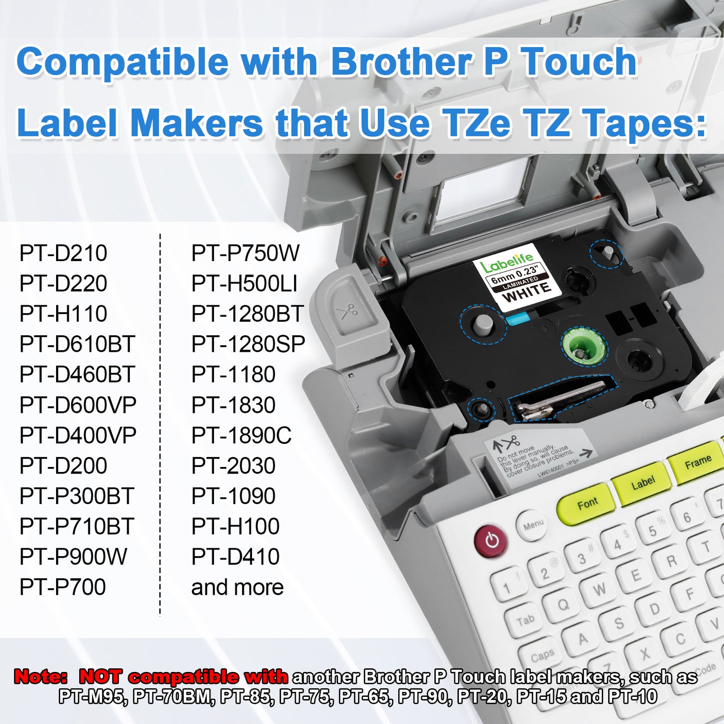 Labelife 6mm Label Tape TZe-211 Replacement for Brother P Touch TZe TZ Tape 6mm 0.23 Laminated White Label Tape TZe211 TZ-211 for Brother Label Maker PT-D210 PT-D220 PT-H110 PT-D400, 1/4 Inch, 4-Pack