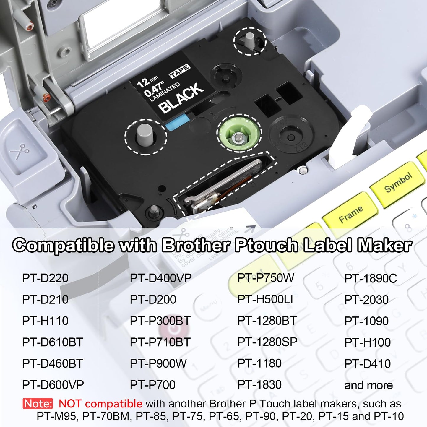 Labelife TZe-335 Label Tape Replacement for Brother P Touch Label Maker Tape White on Black TZe TZ Tape 12mm 0.47 Laminated Black Label Tape TZe335 for Brother PT-D220 PT-D210 PT-H110, 5-Pack