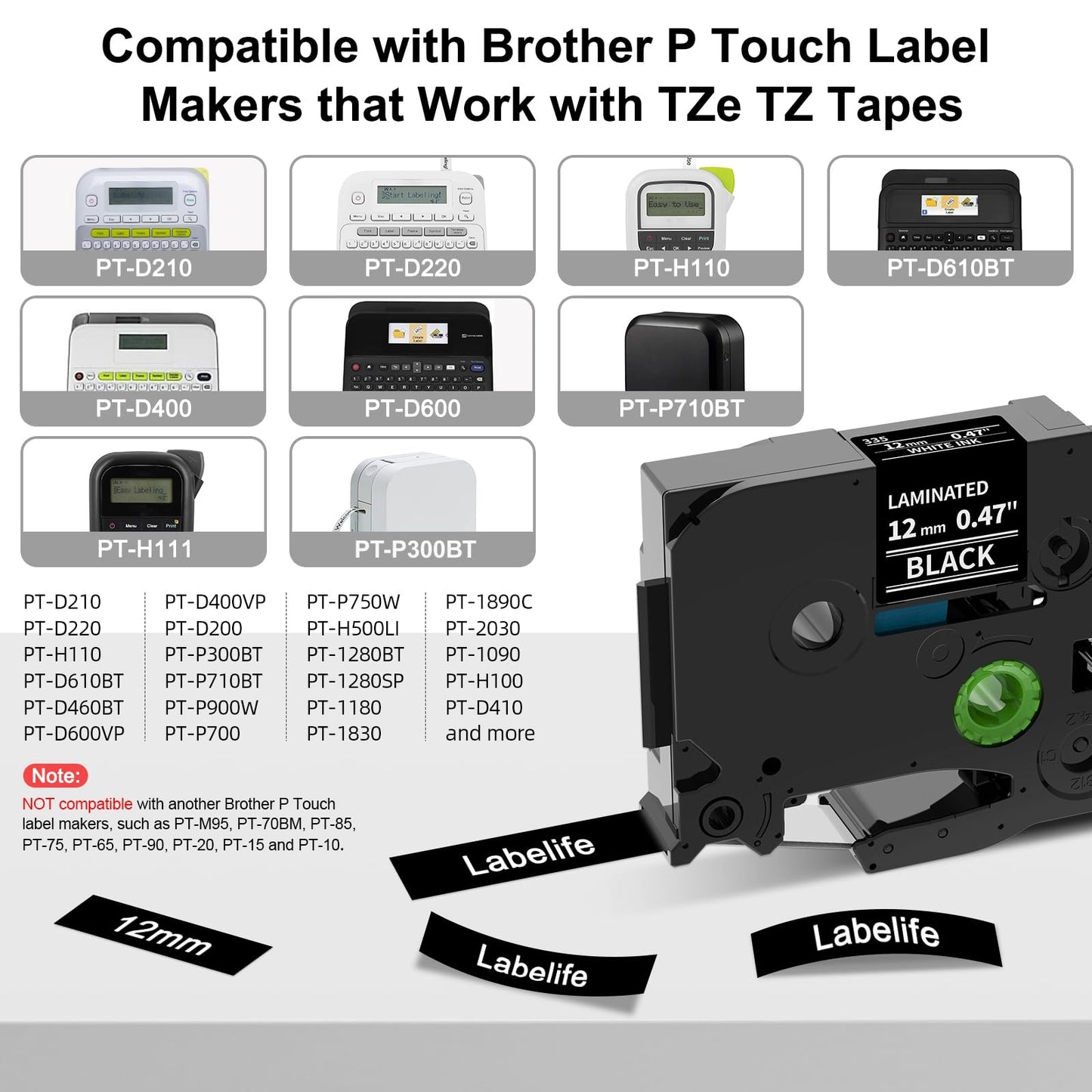 Labelife TZe-335 Label Tape Replacement for Brother P Touch Label Tape White on Black TZe TZ Tape 12mm 0.47 Laminated Black Label Maker Tape TZe335 for Brother PT-D210 PT-D220 PT-H110 Labeler, 4-Pack