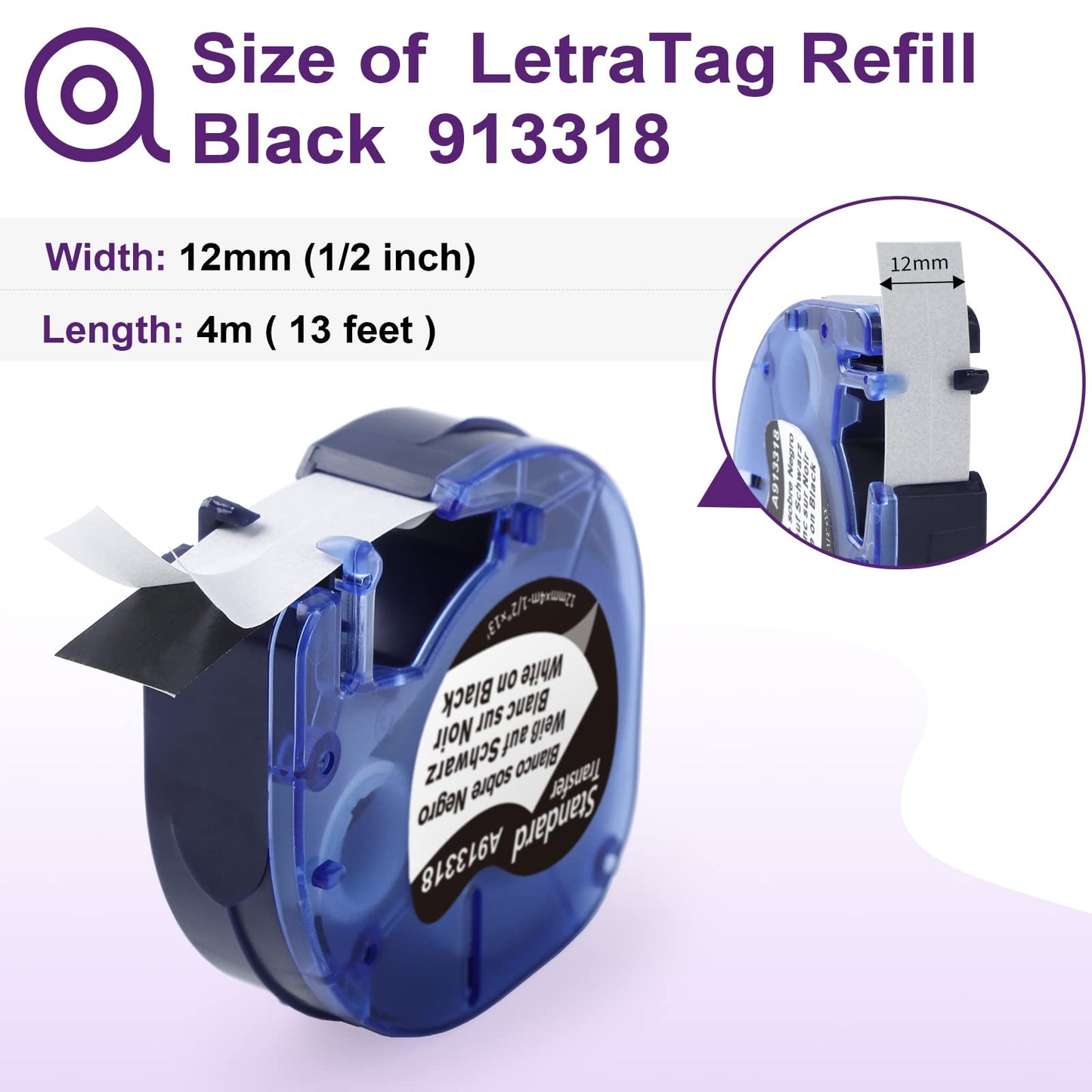 Black Label Tape Replacement for DYMO Label Maker Refills LetraTag Plastic 1/2 x 13 12mm x 4m Compatible with Dymo Letra Tag LT-100H 100T 200B QX50, 6-Pack, 913318 Label Tape White on Black