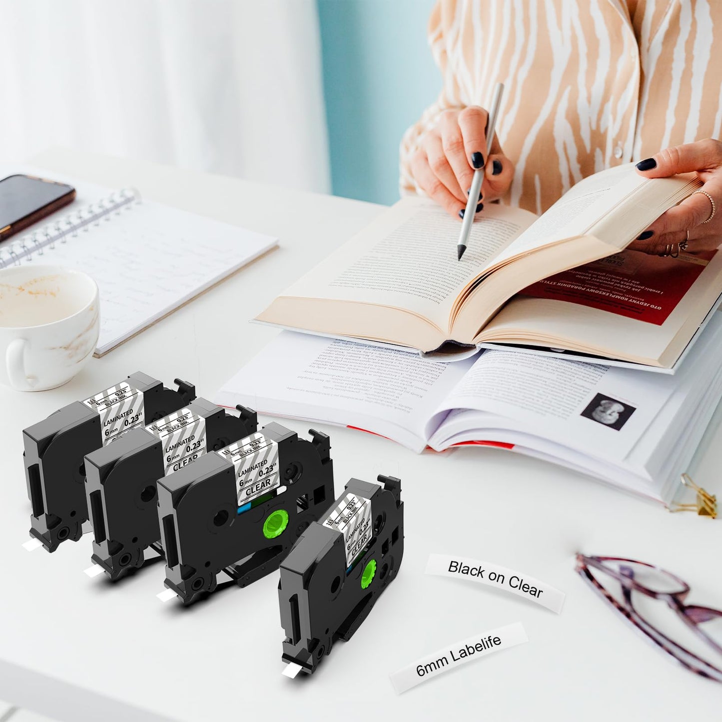 Labelife 6mm Label Maker Tape Clear TZe-111 Compatible with Brother TZe TZ Tape 6mm 0.23 1/4'' Laminated Clear TZe111 TZ-111 for P Touch PT-H110 PT-D210 PT-D220 PT-D400, 4-Pack, Black on Clear