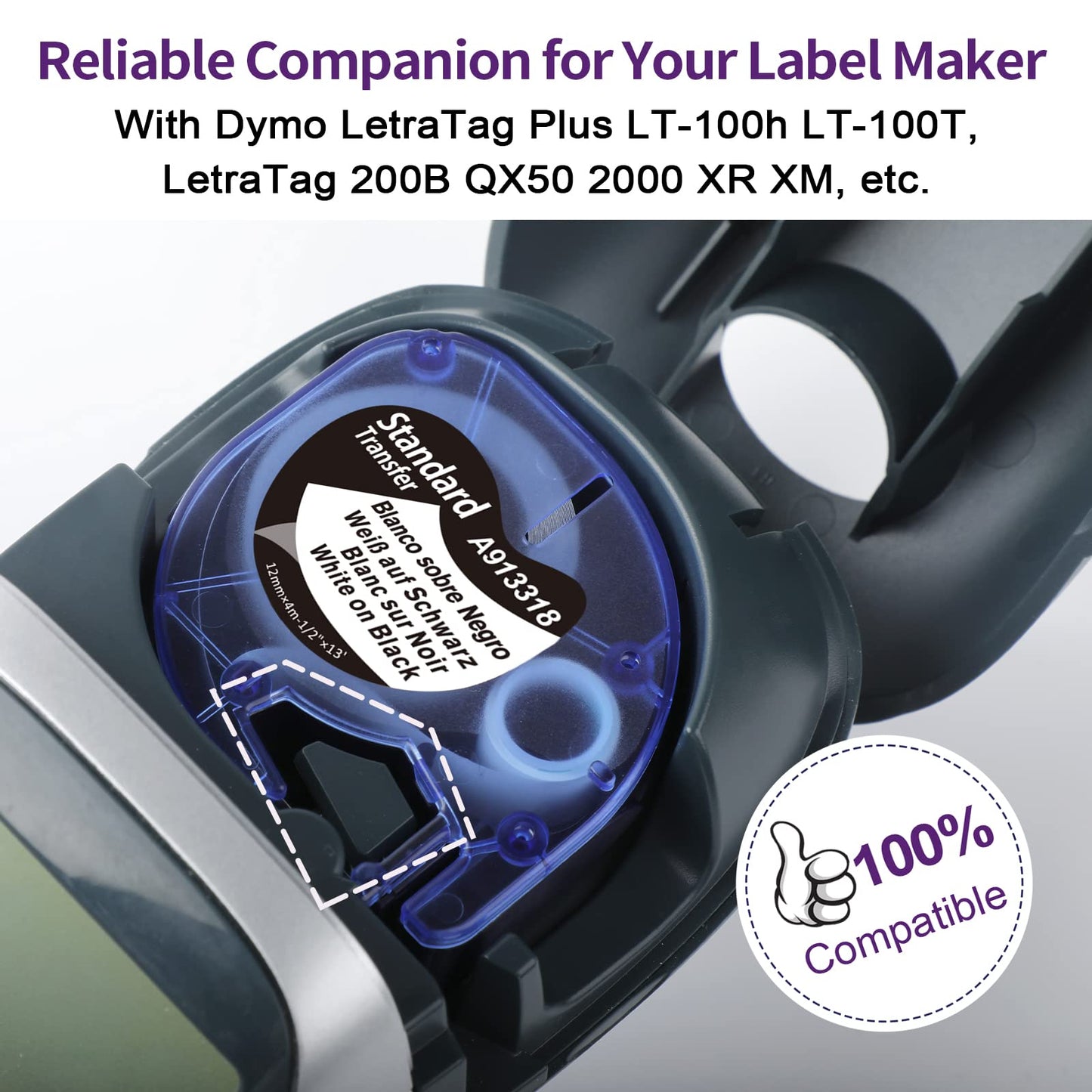 Black Label Tape Replacement for DYMO Label Maker Refills LetraTag Plastic 1/2 x 13 12mm x 4m Compatible with Dymo Letra Tag LT-100H 100T 200B QX50, 6-Pack, 913318 Label Tape White on Black