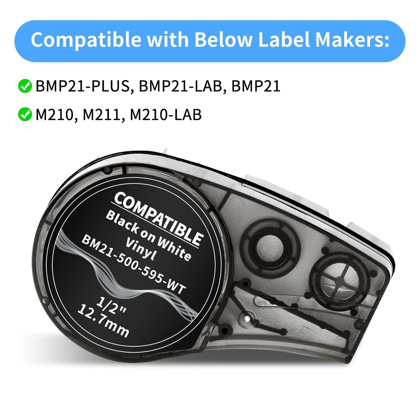 Labelife Replacement for M21-500-595-WT All-Weather Vinyl 1/2 Inch Black on White Label Tape, Work with M210-, M211-, BMP21 Plus, BMP21 LAB Printer, High Adhesion, for Indoor and Outdoor, 4-Pack