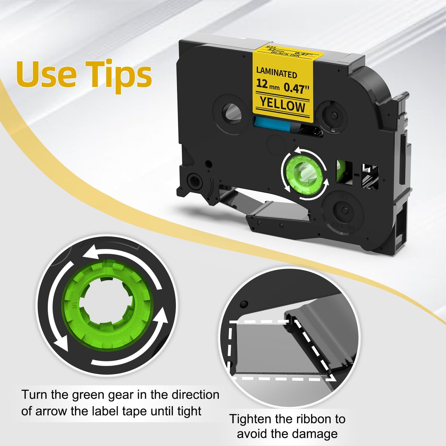 Labelife 12mm Yellow Label Tape TZe-631 Replace for Brother TZe TZ Tape 12mm 0.47 Laminated Yellow TZe631 TZ-631 P Touch Label Maker Tape for Brother Ptouch PT-D210 PT-D220 PT-H110 D600 D400, 4-Pack