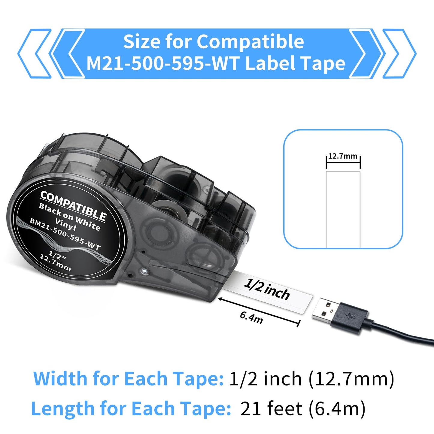 Labelife Replacement for M21-500-595-WT All-Weather Vinyl 1/2 Inch Black on White Label Tape, Work with M210-, M211-, BMP21 Plus, BMP21 LAB Printer, High Adhesion, for Indoor and Outdoor, 4-Pack