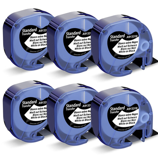 Black Label Tape Replacement for DYMO Label Maker Refills LetraTag Plastic 1/2 x 13 12mm x 4m Compatible with Dymo Letra Tag LT-100H 100T 200B QX50, 6-Pack, 913318 Label Tape White on Black