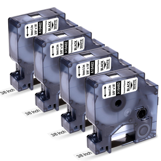 Replacement for Dymo Rhino Permanent Polyester Label Tape 18482 3/8 Compatible with Dymo Rhino 5200 4200 5000 6000 3000 Industrial Label Makers, 9mm Black on White 3/8" x 18', 4-Pack