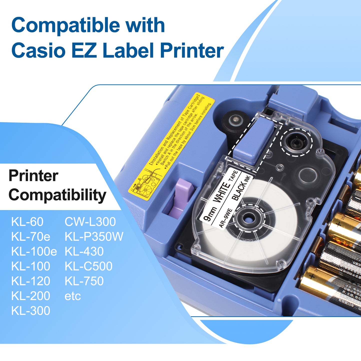 XR-9WE Replace for Casio Label It Tape 9mm 3/8'' XR-9WE XR9WE XR-9WE2S Black on White Tape Cassette Comaptible Casio EZ Label Printer KL-750 KL-60 KL-100 KL-120 KL-430 KL-780 KL-7200, 3-Pack