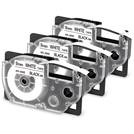 XR-9WE Replace for Casio Label It Tape 9mm 3/8'' XR-9WE XR9WE XR-9WE2S Black on White Tape Cassette Comaptible Casio EZ Label Printer KL-750 KL-60 KL-100 KL-120 KL-430 KL-780 KL-7200, 3-Pack