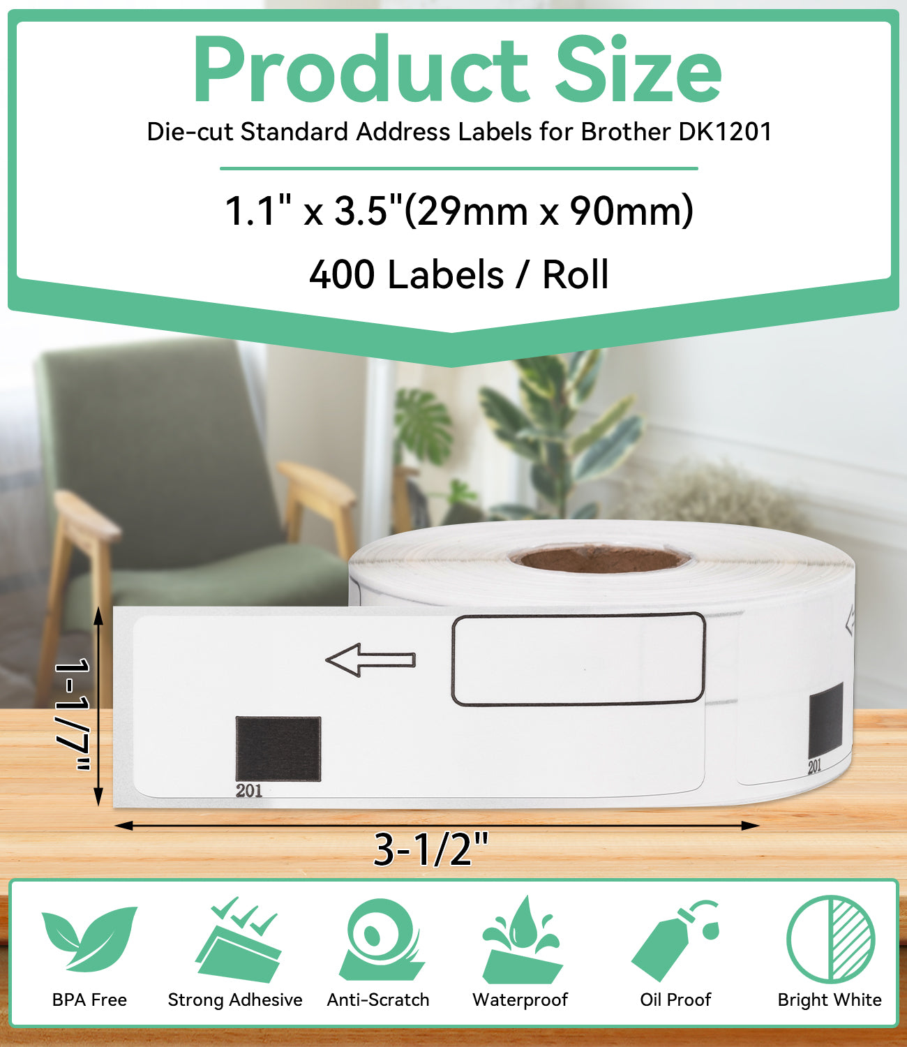 Labelife Standard Address Label Compatible 1.1" x 3.5" Brother DK-1201 Die-Cut Barcode Multipopurse Label for Brother Printer QL-820NWB, QL-700, Black on White Paper [12 Rolls 4800 Labels + 1 Frame]