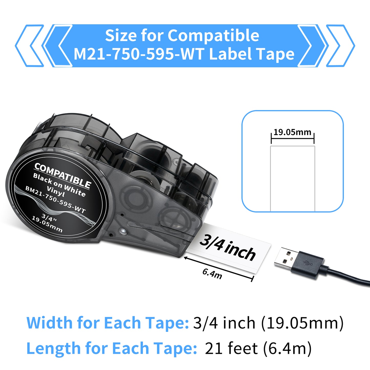 Labelife Replacement for M21-750-595-WT All-Weather Vinyl 3/4 Inch Black on White Label Tape, Work with MP21-PLUS, BMP21-LAB, M210, M210-LAB and M211 Label Maker, 0.75 Inch, 4-Pack