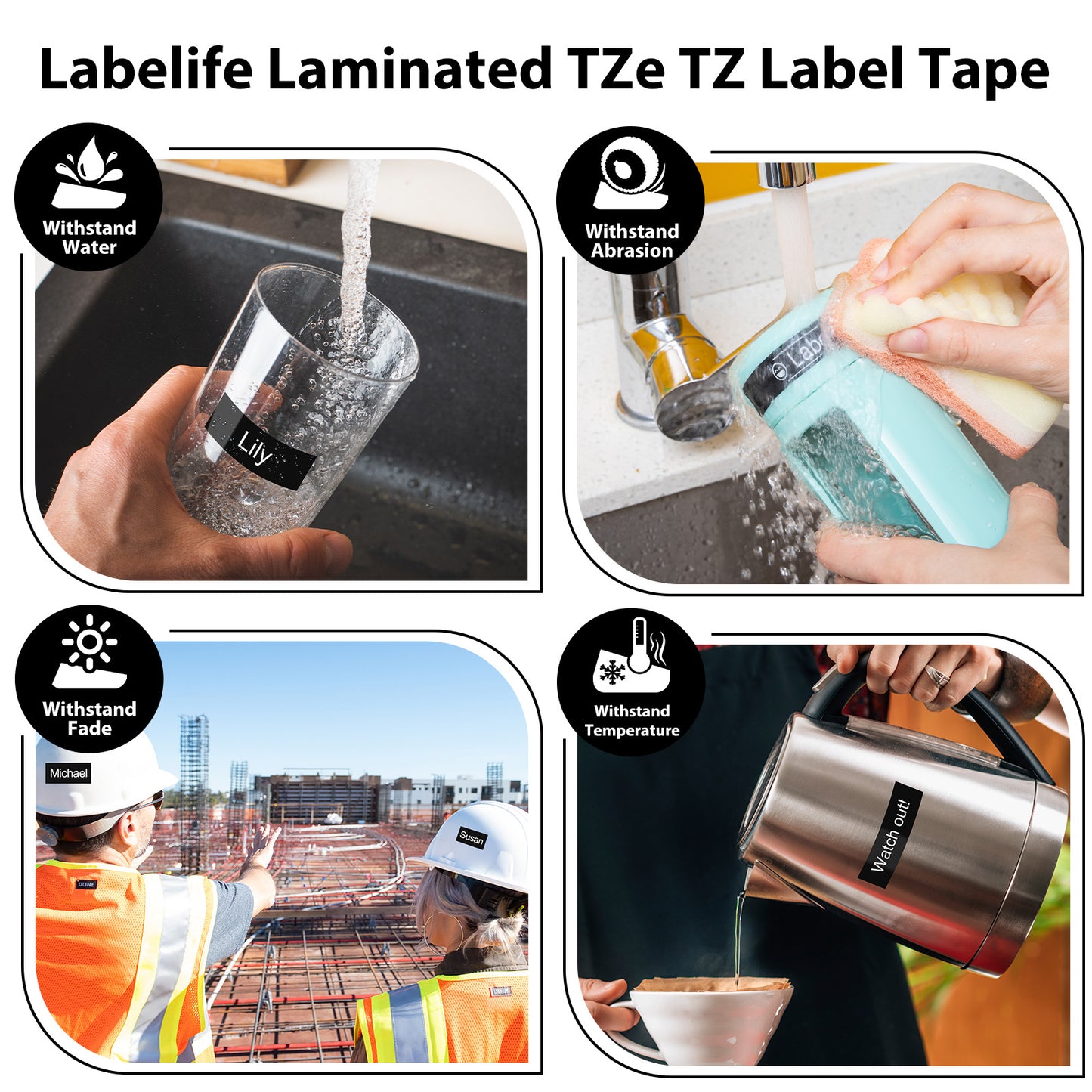 Labelife 18mm Black Label Tape TZe-345 Replacement for Brother P Touch Label Tape 18mm 0.7 Laminated White on Black TZe TZ Tape TZe345 for Brother PT-D400 PT-D410 PT-D600 PT-D610BT Label Maker, 4-Pack