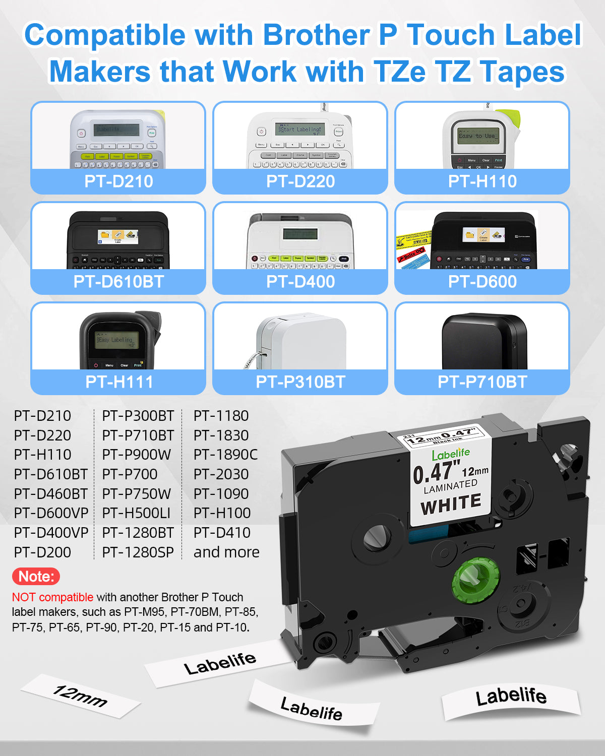 Labelife 6-Pack Compatible Brother P Touch Label Tape TZe TZ Tape 12mm 0.47 Laminated Label Maker Tape for Brother Ptouch PT-D210 PT-H110 PT-D220 PTD610BT D400 D600, White/Orange/Red/Blue/Yellow/Green