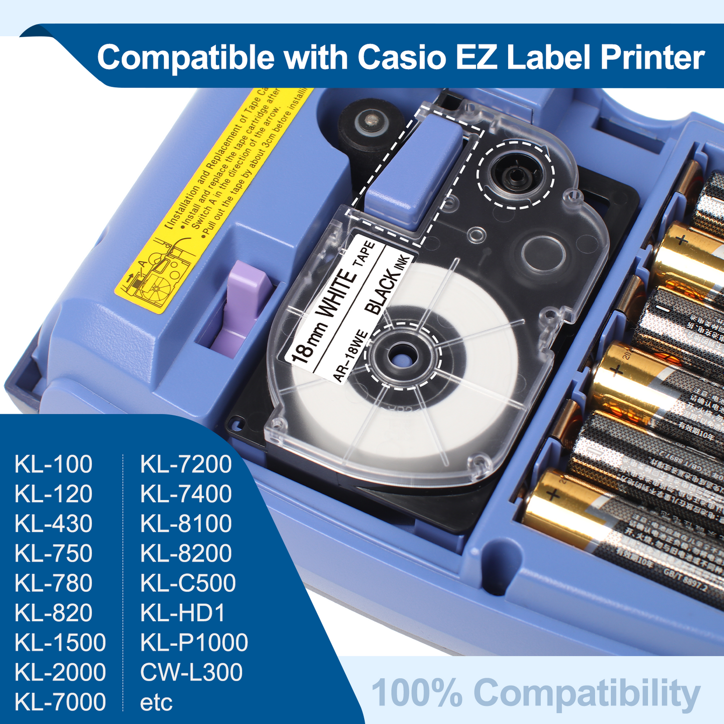 XR-18WE Replace for Casio Label Maker Tape 18mm 3/4'' XR18WE XR-18WE2S Label It Tape Cassette Comaptible Casio EZ Label Printer KL-750 KL-780 KL-7000 KL-7200 KL-120 KL-820, 3-Pack Black on White