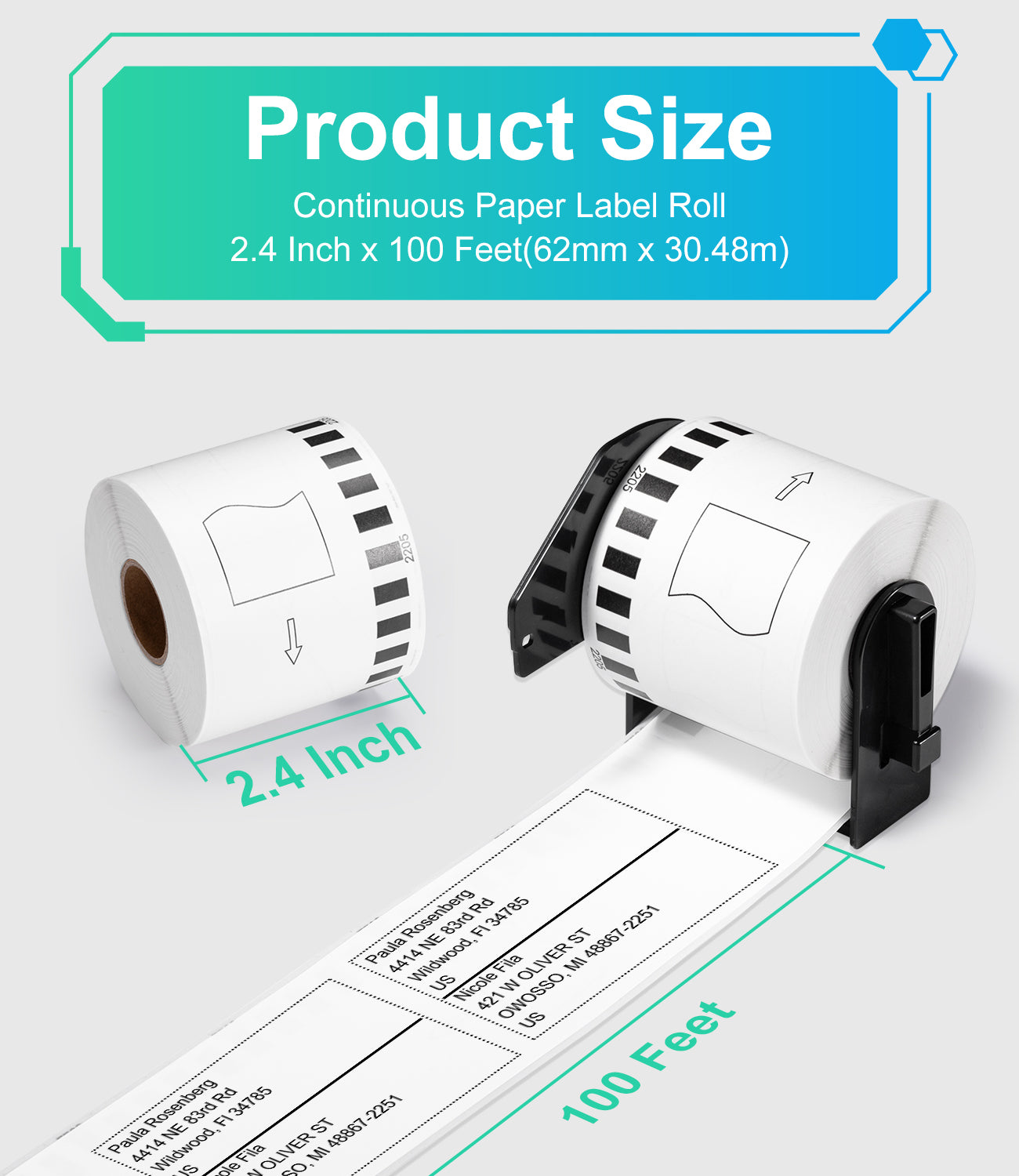 Labelife 6 Rolls +1 Frame Continuous Paper Labels Tape DK-2205 Compatible Brother DK2205 (2.4" x 100Ft) Shipping Address Labels, for Brother QL-720NW QL-810W QL-820nwb QL-1110NWBC Label Printers