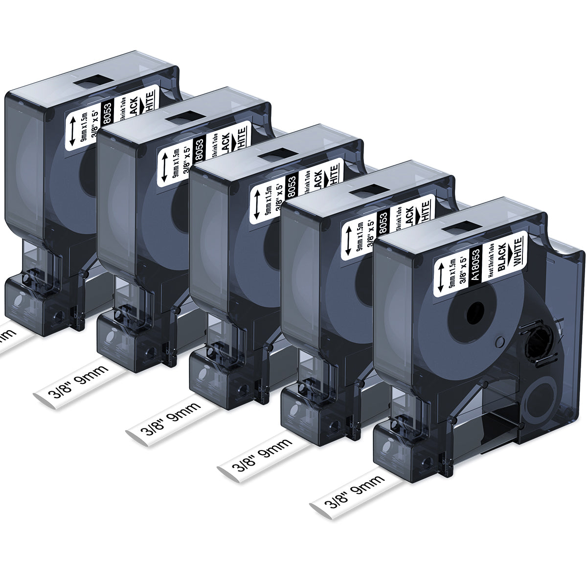Rhino 5200 4200 5000 6000 3000 Label Tape Heat Shrink Labels 3/8" Replacement for Dymo Rhino 18053 Work with Rhinopro Industrial Label Maker Tape Refills, Black on White, 3/8" x 4.9',5-Pack