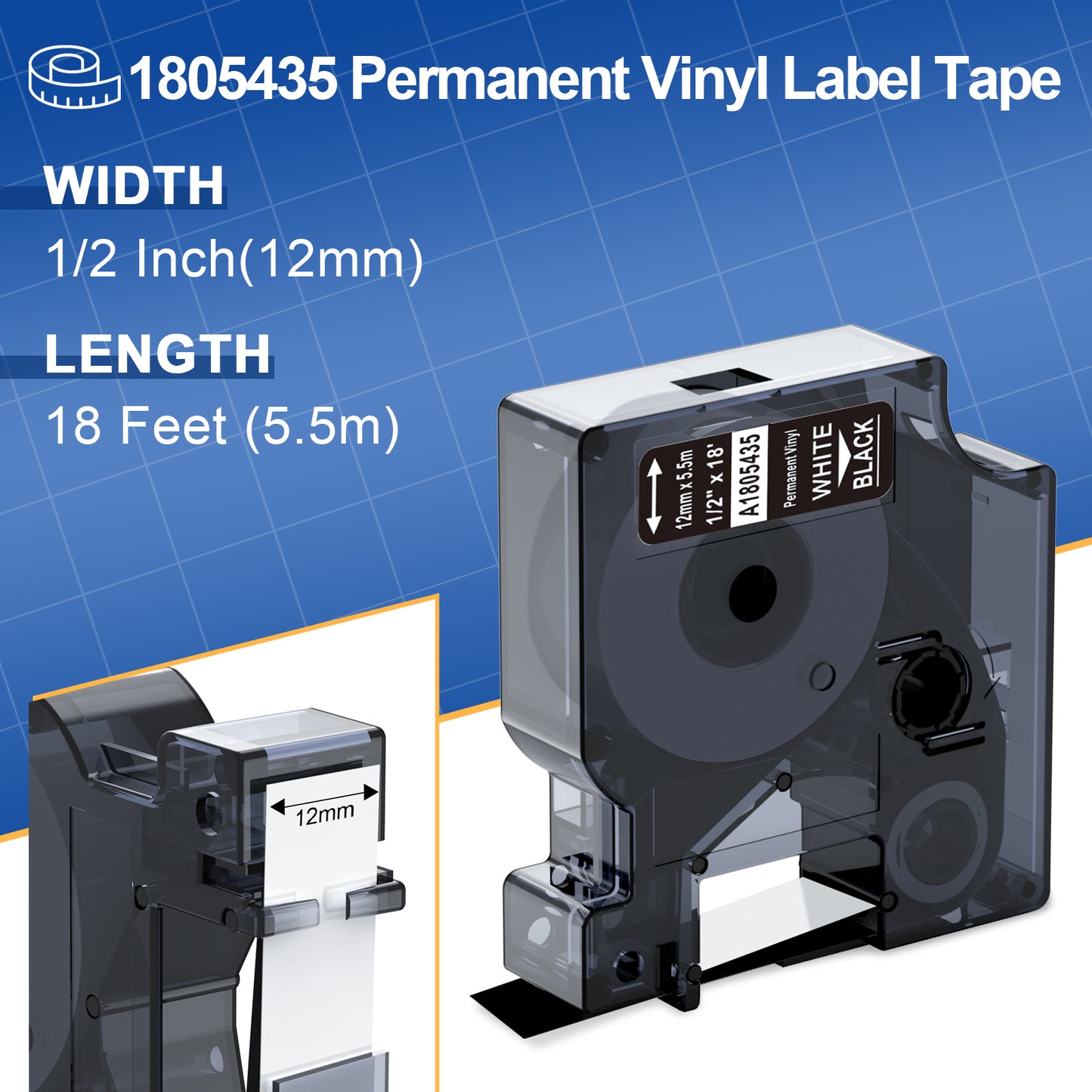 Rhino 4200 Label Tape Compatible with Dymo Rhino White on Black 1805435 Permanent Vinyl Labels Work with DYMO Rhino 5200 5000 5200 6000 3000 Industrial Label Maker Refills, 1/2" x 18', 4-Pack