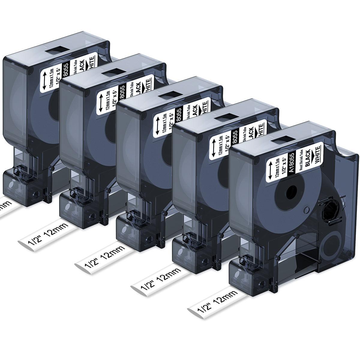 Compatible DYMO 18055 Rhino 4200 Label Tape Replace for DYMO Rhino 1/2" Heat Shrink Tube Labels 12mm Use for DYMO Rhino 4200 5200 5000 3000 Industrial Label Maker, Black on White,1/2" x 4.9',5-Pack