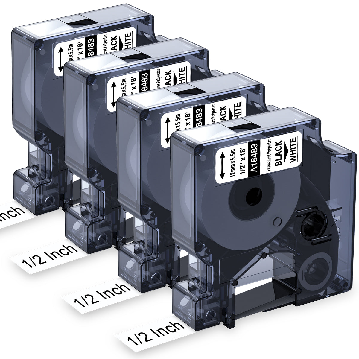 Compatible Label Tape 1/2 Replace for Rhino 5200 label tape Dymo Rhino 4200 5200 18483 Permanent Polyester Label Tape 1/2 for Rhino 5200, 4200, 5000, 6000, 6500, 12mm Black on White 1/2" x 18', 4 Pack