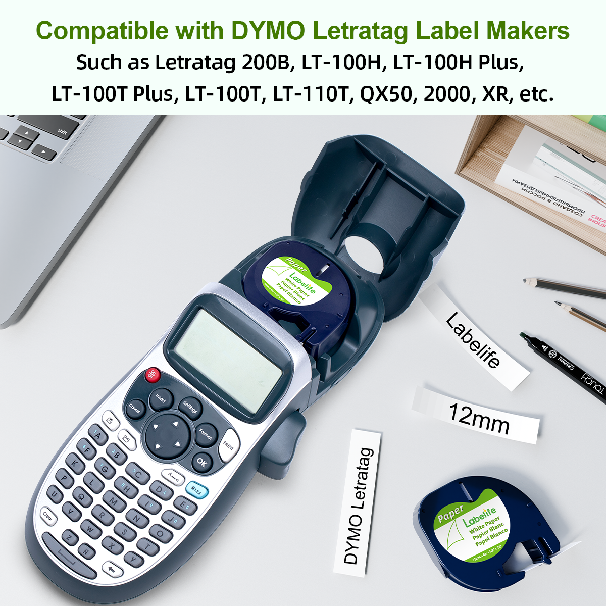 Replace for DYMO Label Maker Refills LetraTag White Paper 91330 10697 LT Refill Tape for DYMO Letra Tag LT 100H LT-100T Plus 200B QX50 Labeler, 12mm x 4m 1/2'' x 13', 6-Pack