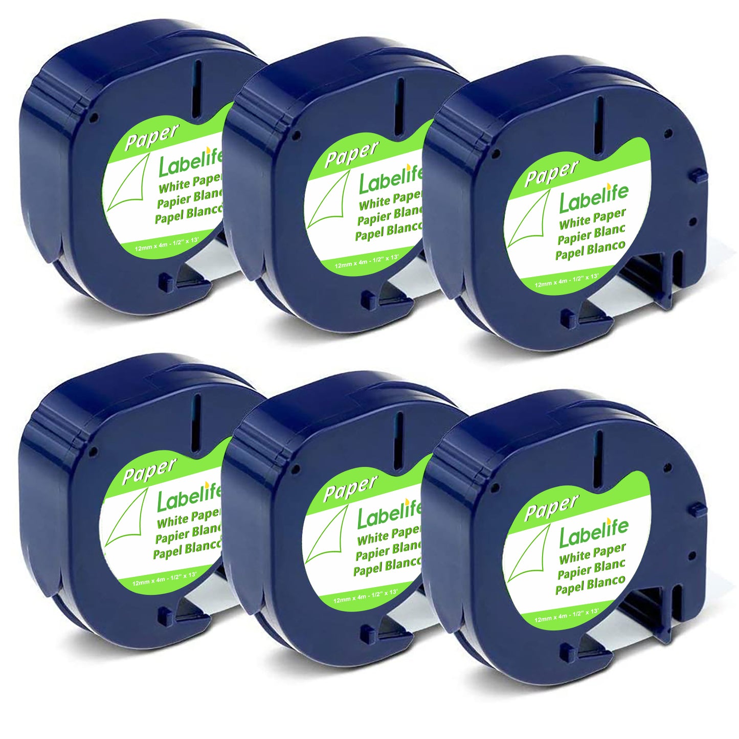 Labelife Label Tape Replace for DYMO LetraTag Label Maker Refills 91330 10697 Black on White Paper Label Refill for DYMO LetraTag LT-100H LT-100T 200B QX50, 12mm x 4m (1/2 Inch x 13 Feet), 6-Pack
