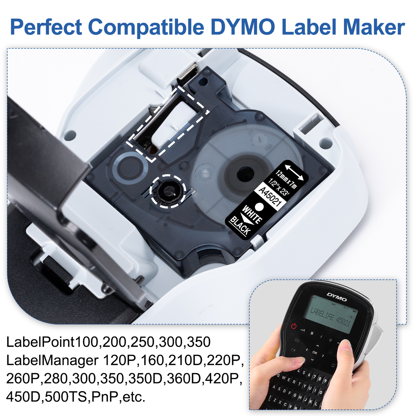 Labelife Replace for Dymo D1 Label Maker Refills White on Black 1/2'' x 23' D1 45021 S0720610 Compatible with DYMO LabelManager 160 210D 260P 280 360D 420P 450D COLORPOP, 5-Pack