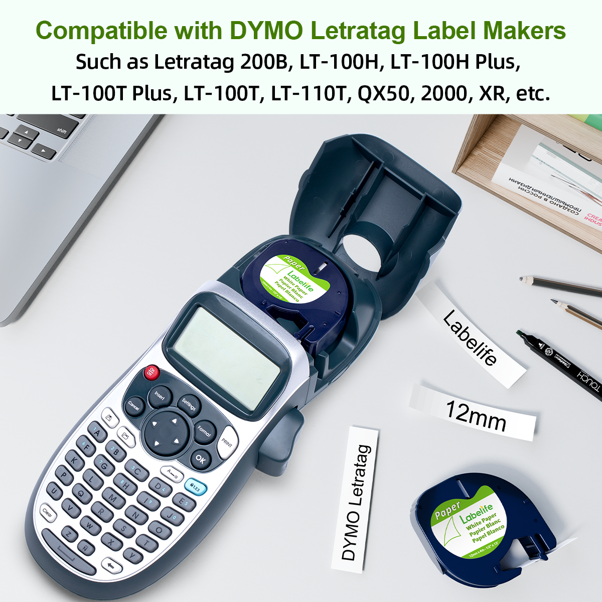 Labelife Label Tape Replace for DYMO LetraTag Label Maker Refills 91330 10697 Black on White Paper Label Refill for DYMO LetraTag LT-100H LT-100T 200B QX50, 12mm x 4m (1/2 Inch x 13 Feet), 6-Pack